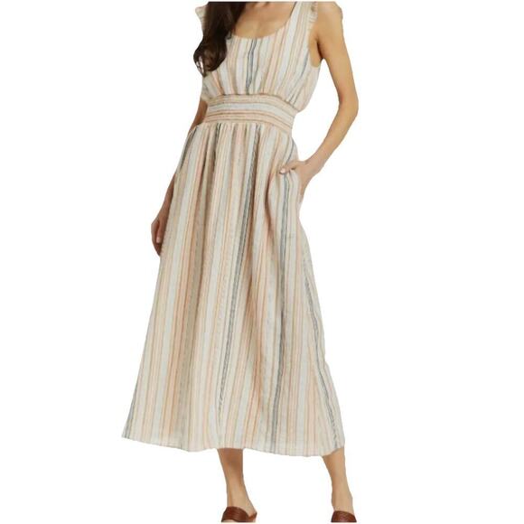Drew Polly Dress Cotton Striped Flutter Sleeve Smocked Waist Maxi Dress Sz M NEW - Picture 1 of 14